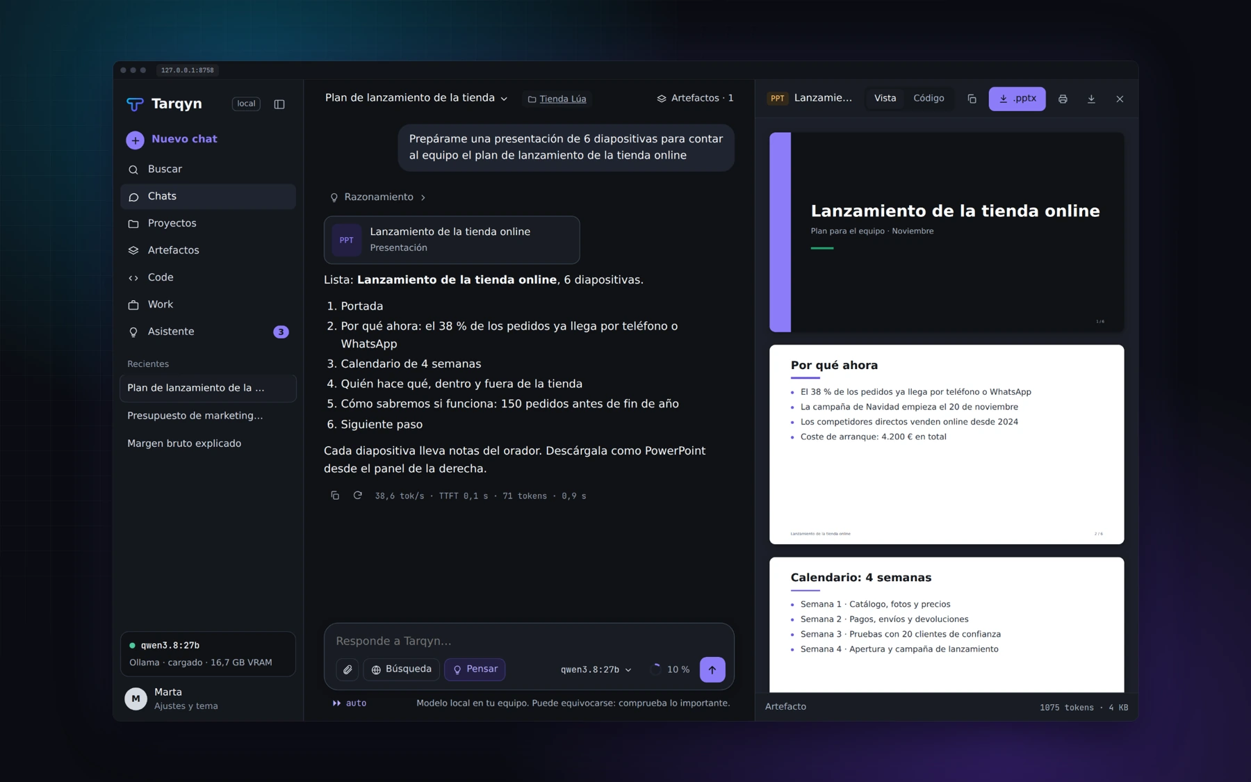 Tarqyn ejecutándose en Windows: conversación y presentación