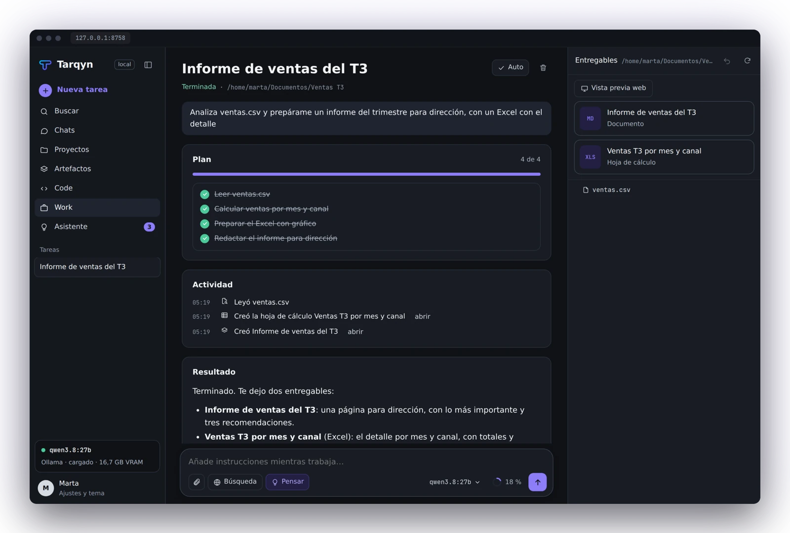 Captura real de Work en Tarqyn